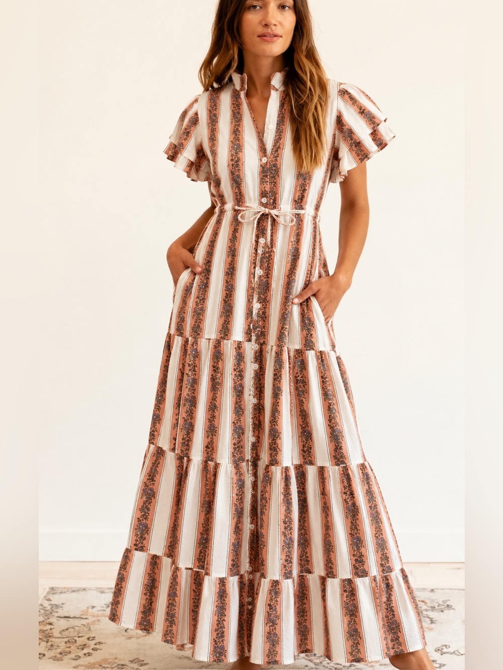 Victoria Dunn Sweet Pea Stripe Tiered Maxi Dress XS